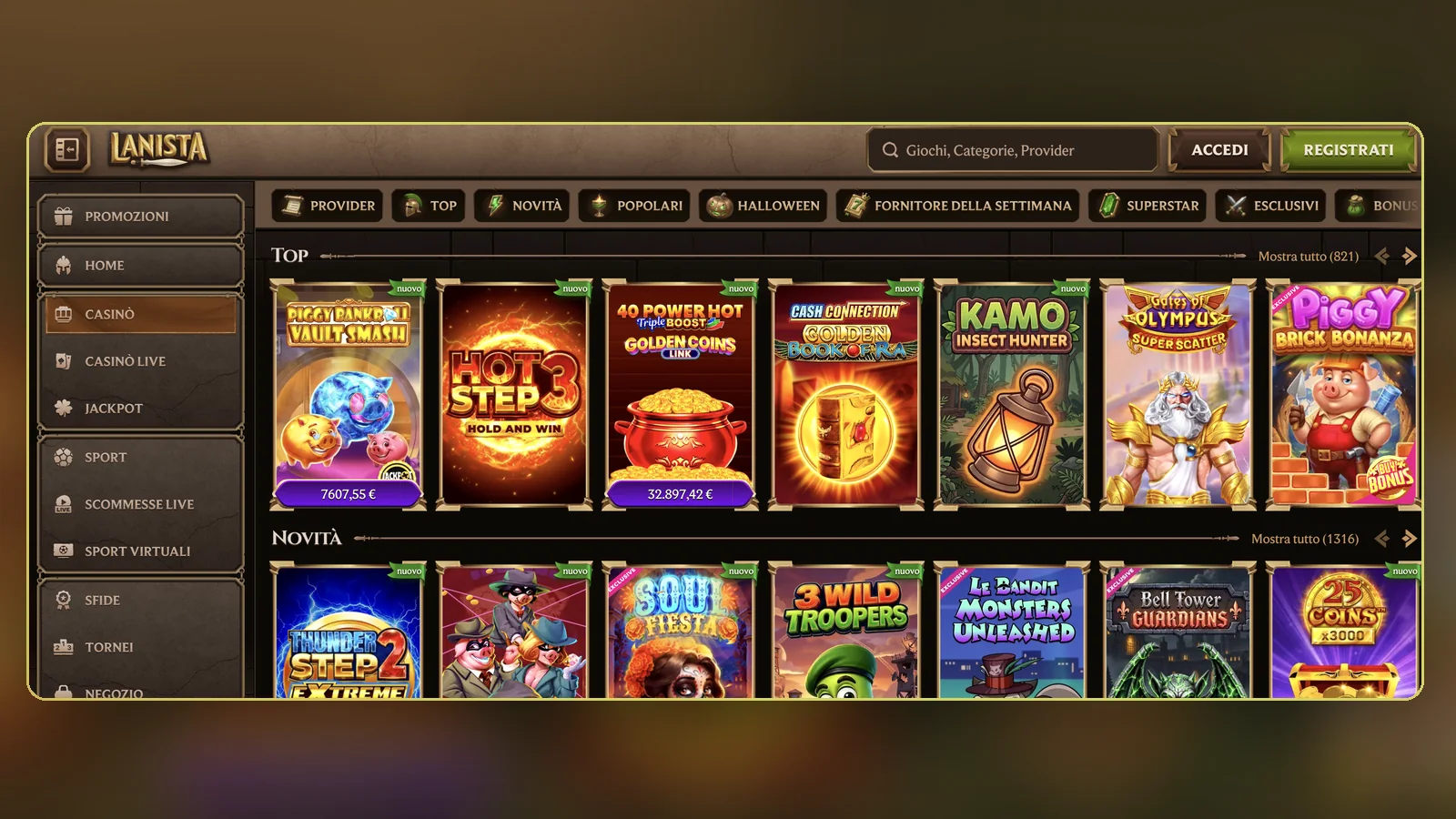 Nella lobby i giochi sono ordinati per categoria