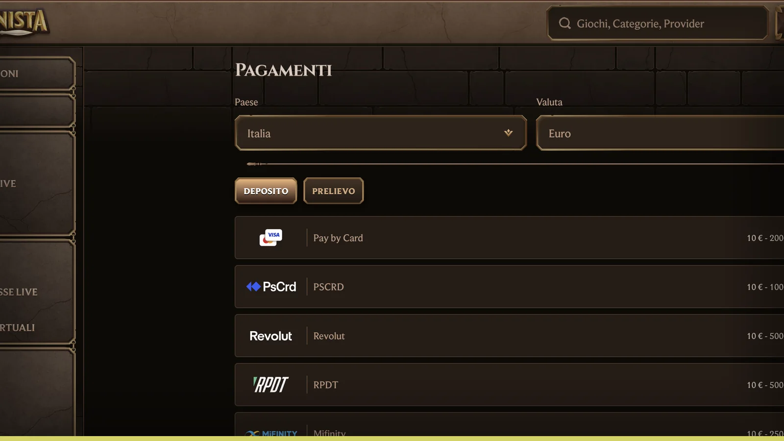In questa pagina scegli paese e valuta per vedere i metodi
