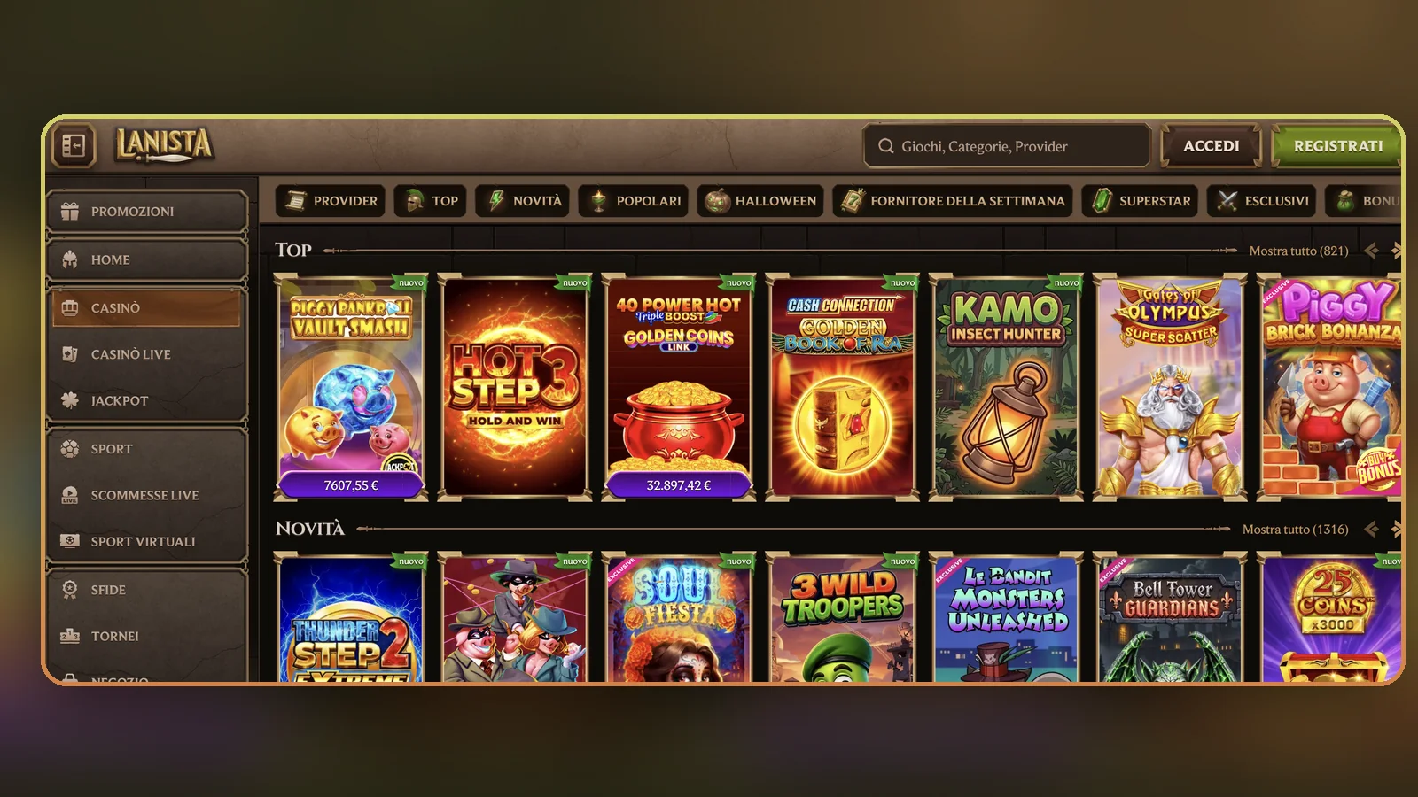Nella lobby i giochi sono ordinati per categoria