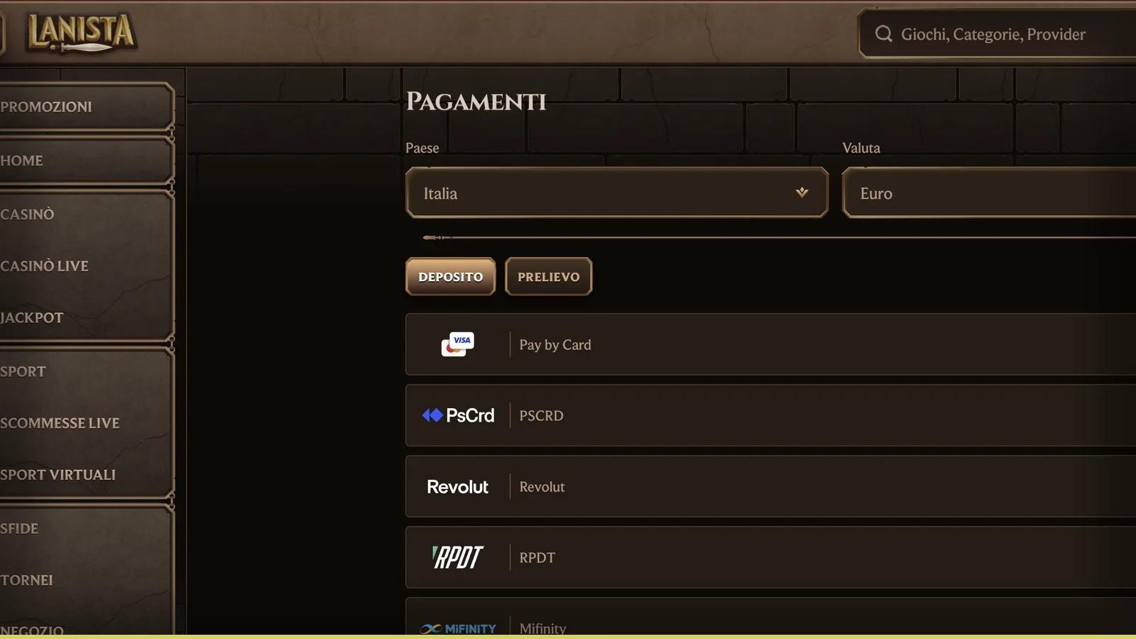 In questa pagina scegli paese e valuta per vedere i metodi
